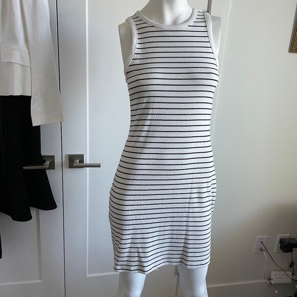 a . new day Slvless Crew Nk Ribbed Striped Cotton Blend Mini Dress Blk Cream S - Picture 1 of 11